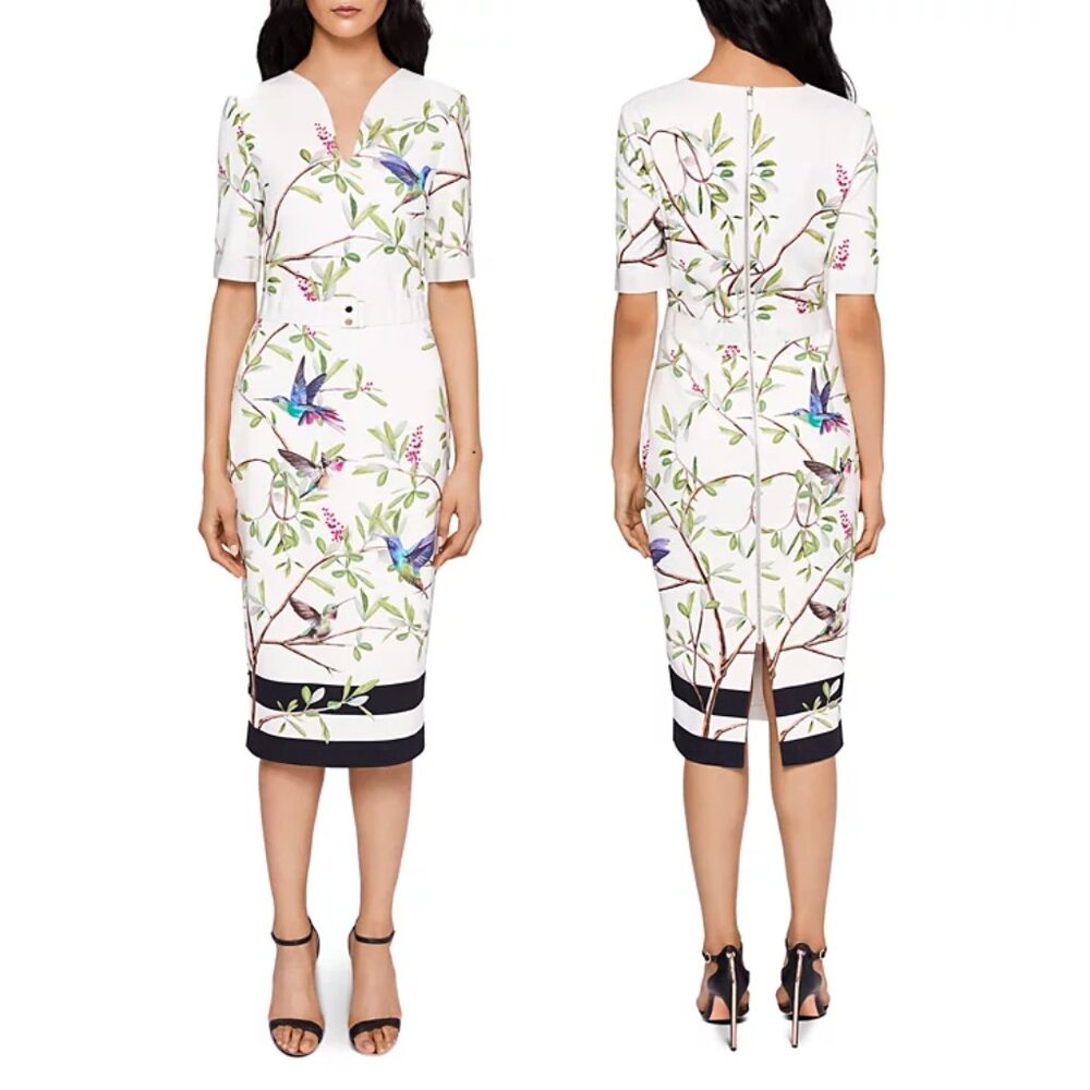 Ted Baker EVRELY HIGHGROVE Hummingbird Branch Blossom Sheath Midi Dresss, TB 0